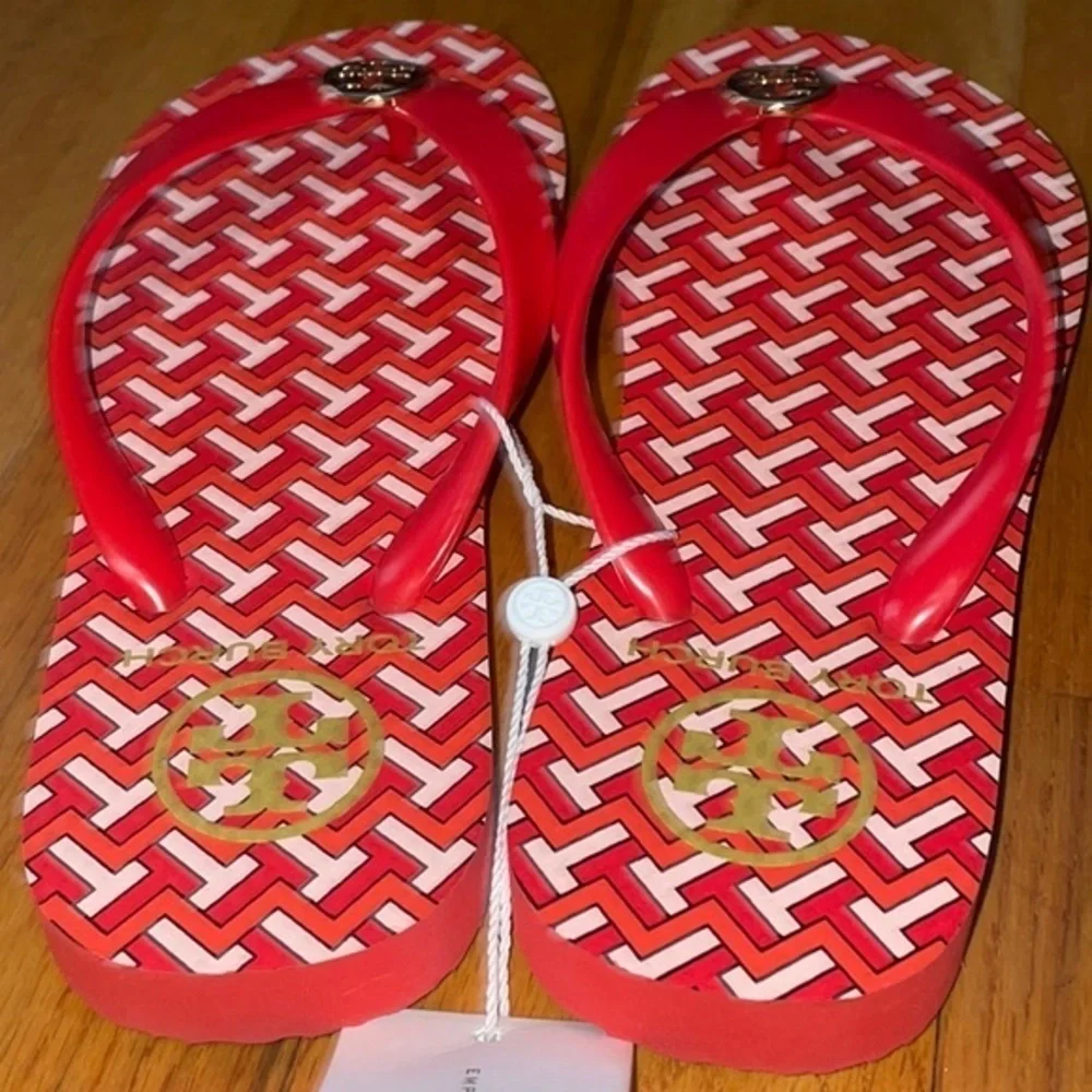 Tory Burch Classic T Zig Zag Chevron Preppy Herringbone Thong Flip Flop Sandals